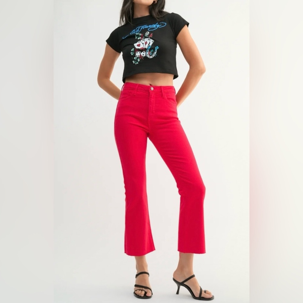(A4) Just Black Denim Pink Salmon Cropped Flare Jeans Size 29 High Rise Raw Hem